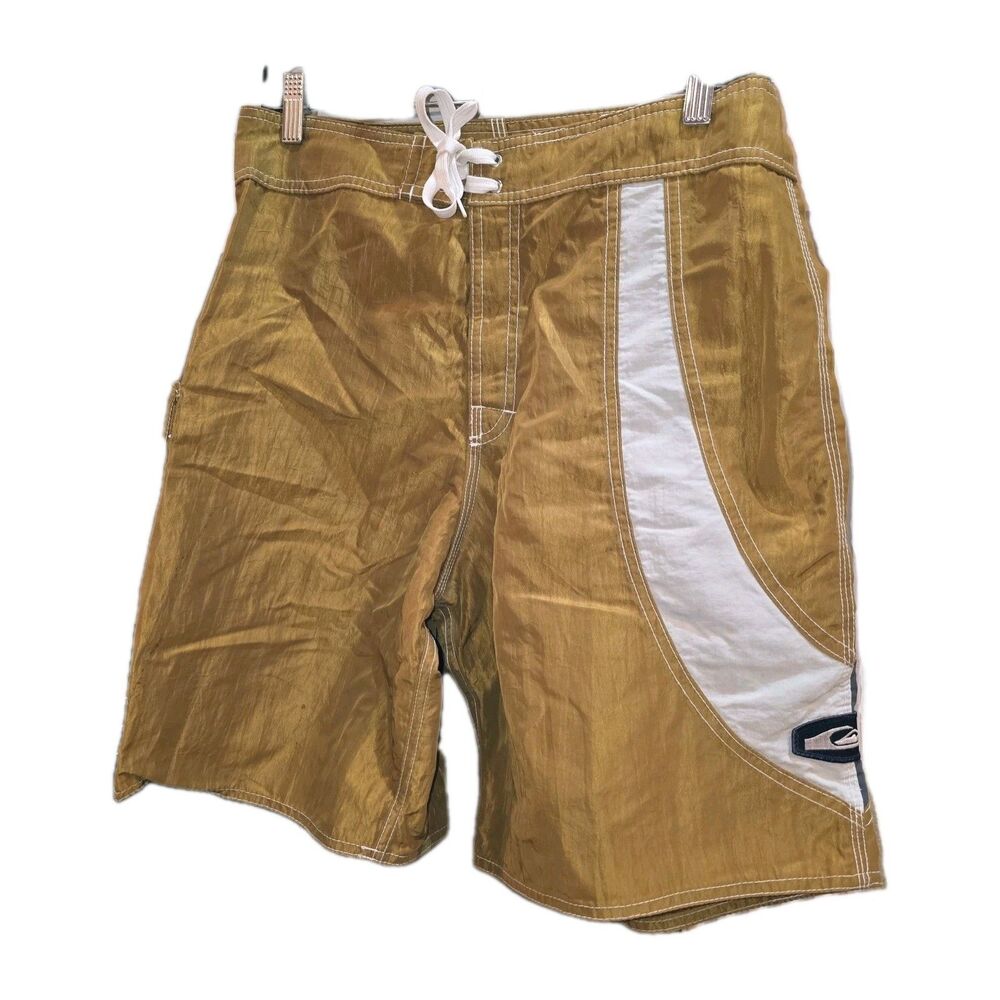 QUICKSILVER USA Sz32 Y2K Rare HTF Vintage Shiny Gold Surf Logo Board Swim Shorts